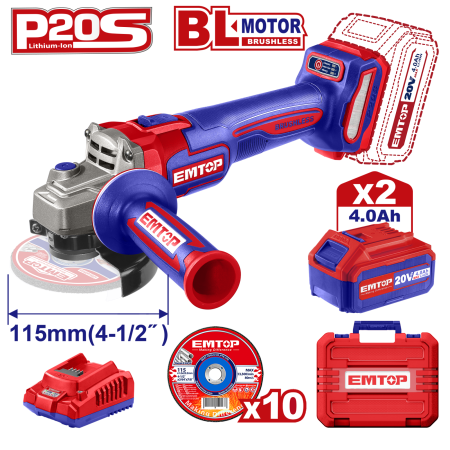 Scule electrice - Polizor unghiular cu 2 acumulatori 4.0Ah, motor fara perii (brushless), 115mm, 10 discuri incluse - ELAG211542, EMTOP