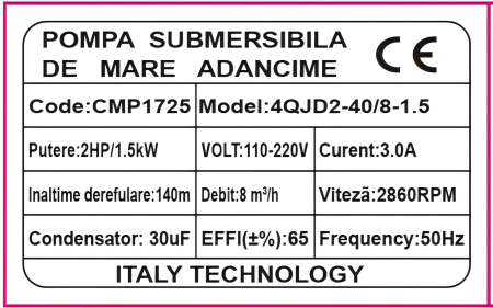 Pompa de apa submersibila de mare adancime, 1.5kW, Bobinaj cupru, Inaltime refulare 140m, Debit 8mc/h, Cablu 20m [1]