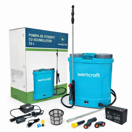 Pompe - Pompa de stropit WertCraft 16L cu acumulator, duze si regulator de presiune inclus, 8 ah, 2.6l/min, 5.5 bar