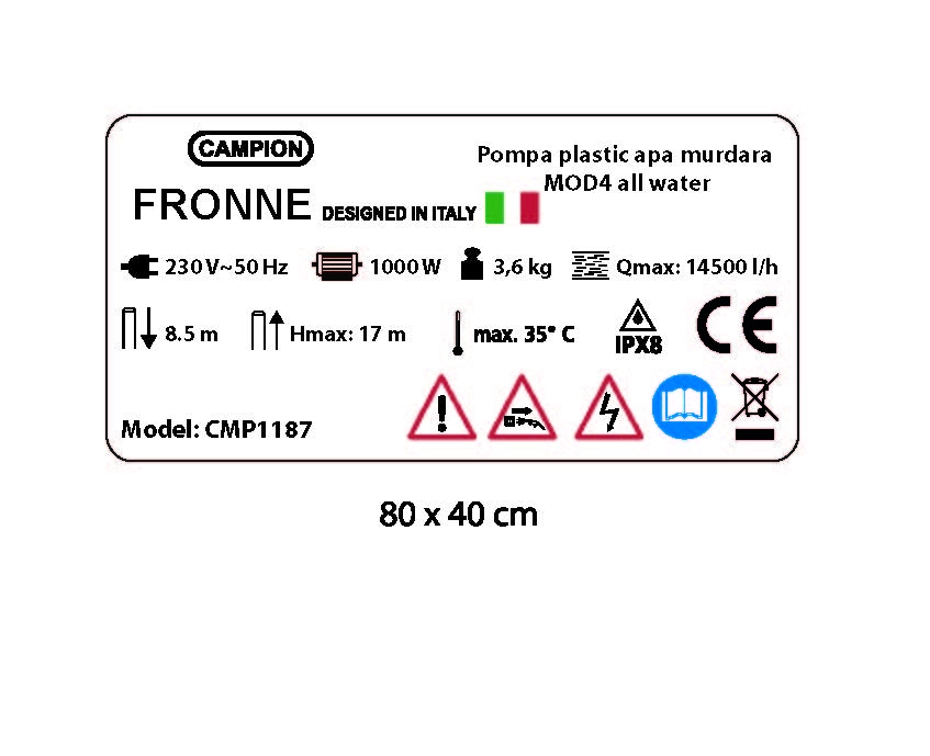 Pompa din plastic pentru apa murdara Fronne MOD4, 1000W, Debit 14500L/h, Inaltime refulare 8.5m, Inaltime pompare 17m, cu flotor [1]