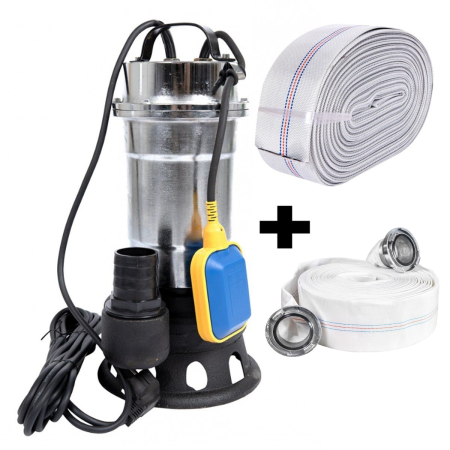 Pompe - Pompa pentru apa murdara cu plutitor fara tocator, DDT, Inox, SWP2550F, 2550 W, 25 mc/h + Furtun pompier, 20 metri, 2 toli + Furtun pompier, 20 metri, 2 toli, cu cuple