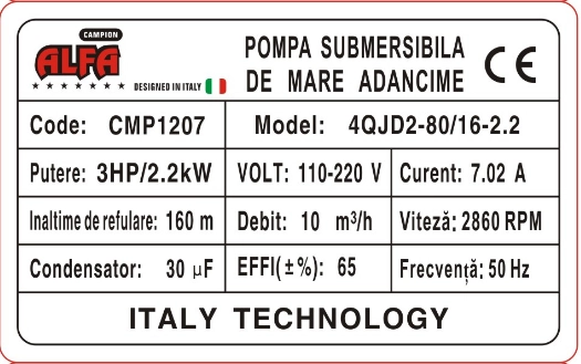 Pompa submersibila de mare adancime ALFA, 16 turbine, Debit 10 m³/h, Inaltime refulare 160m, 30m cablu [3]