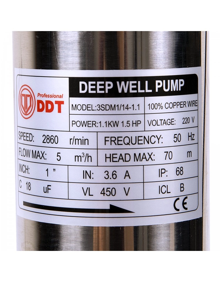 Pompa submersibila de mare adancime DDT 3SDM3-14, Inox, 1100W, 5 m³/h, 14 turbine, 120m, 10m cablu [1]