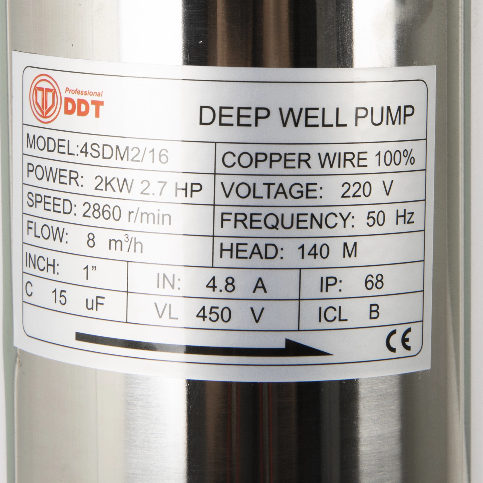 Pompa submersibila de mare adancime DDT 4SDM2-16, Inox, 2000W, 8m³/h, 16 turbine, 140m, 10m cablu [1]
