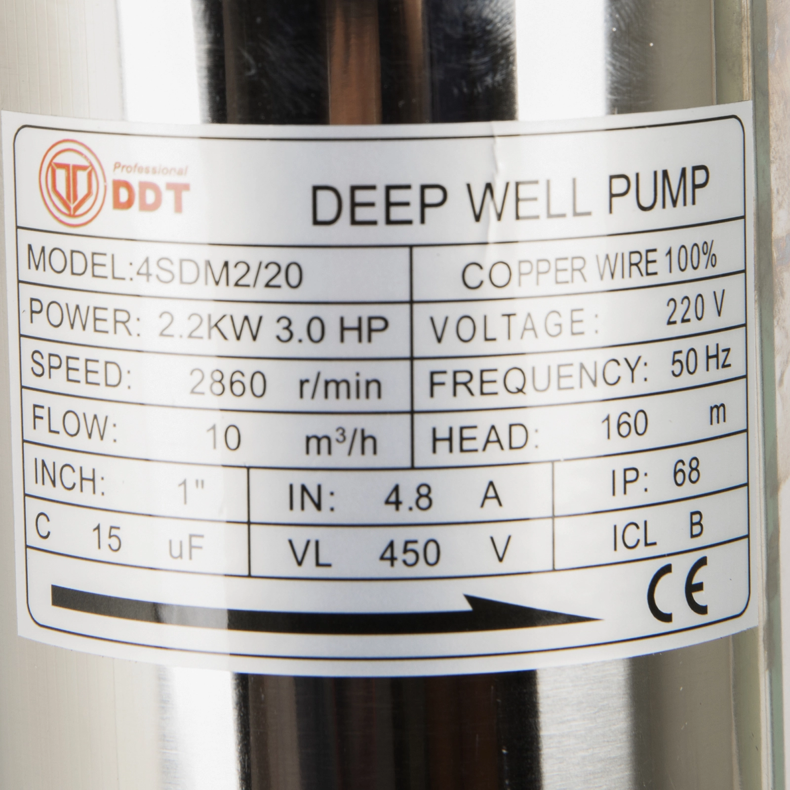 Pompa submersibila de mare adancime DDT 4SDM-20, Inox, 2200W, 10 m³/h, 20 turbine, 160m, 15m cablu [1]
