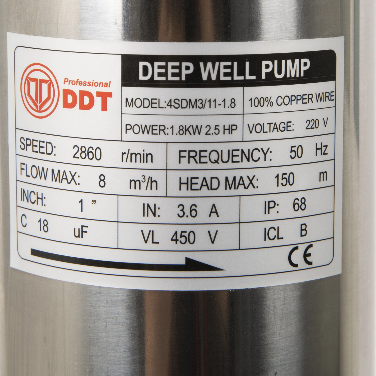 Pompa submersibila de mare adancime DDT 4SDM3-11, Inox, 1800W, 8 m³/h, 11 turbine, 150m, 30m cablu [1]
