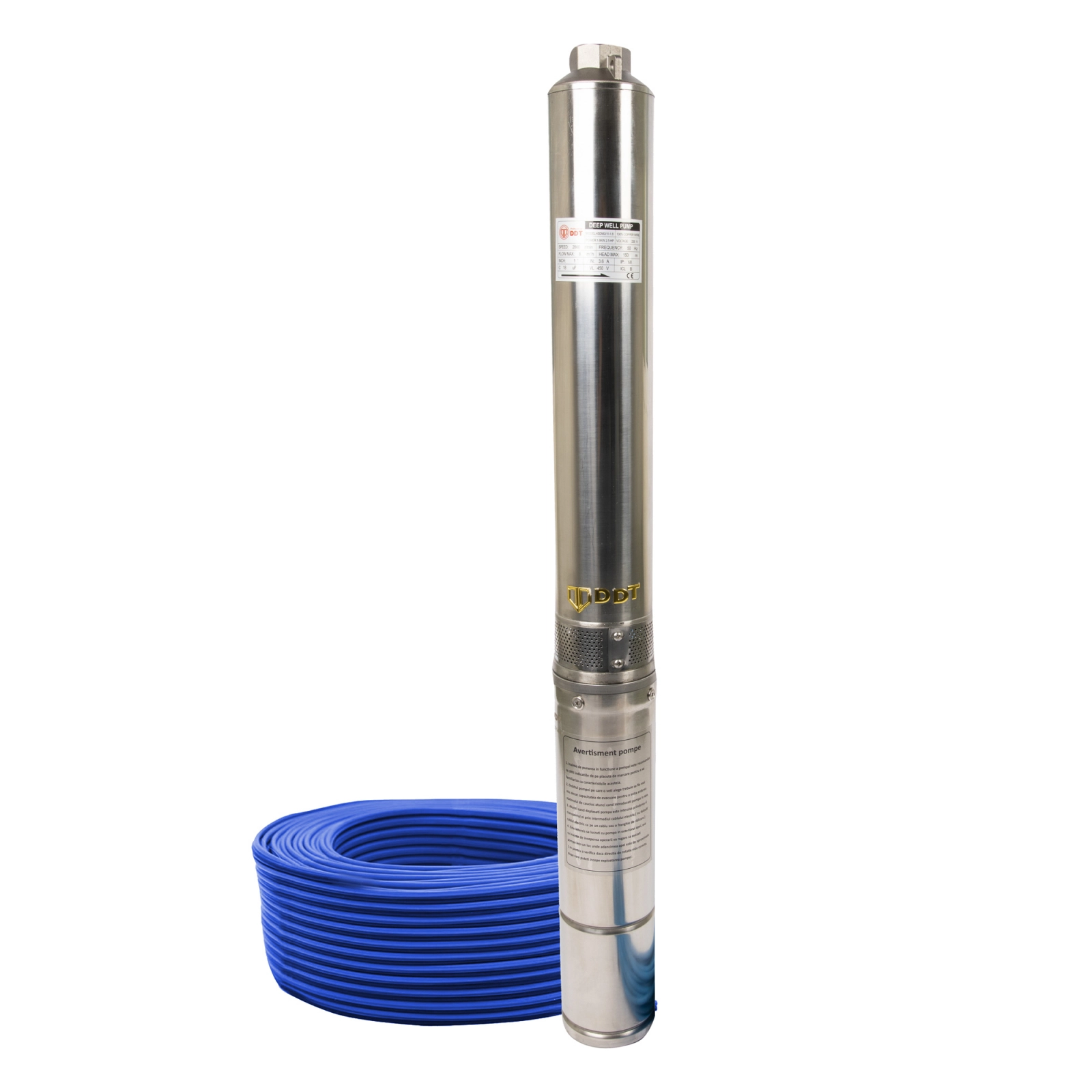Pompe submersibile - Pompa submersibila de mare adancime DDT 4SDM3-11, Inox, 1800W, 8 m³/h, 11 turbine, 150m, 30m cablu