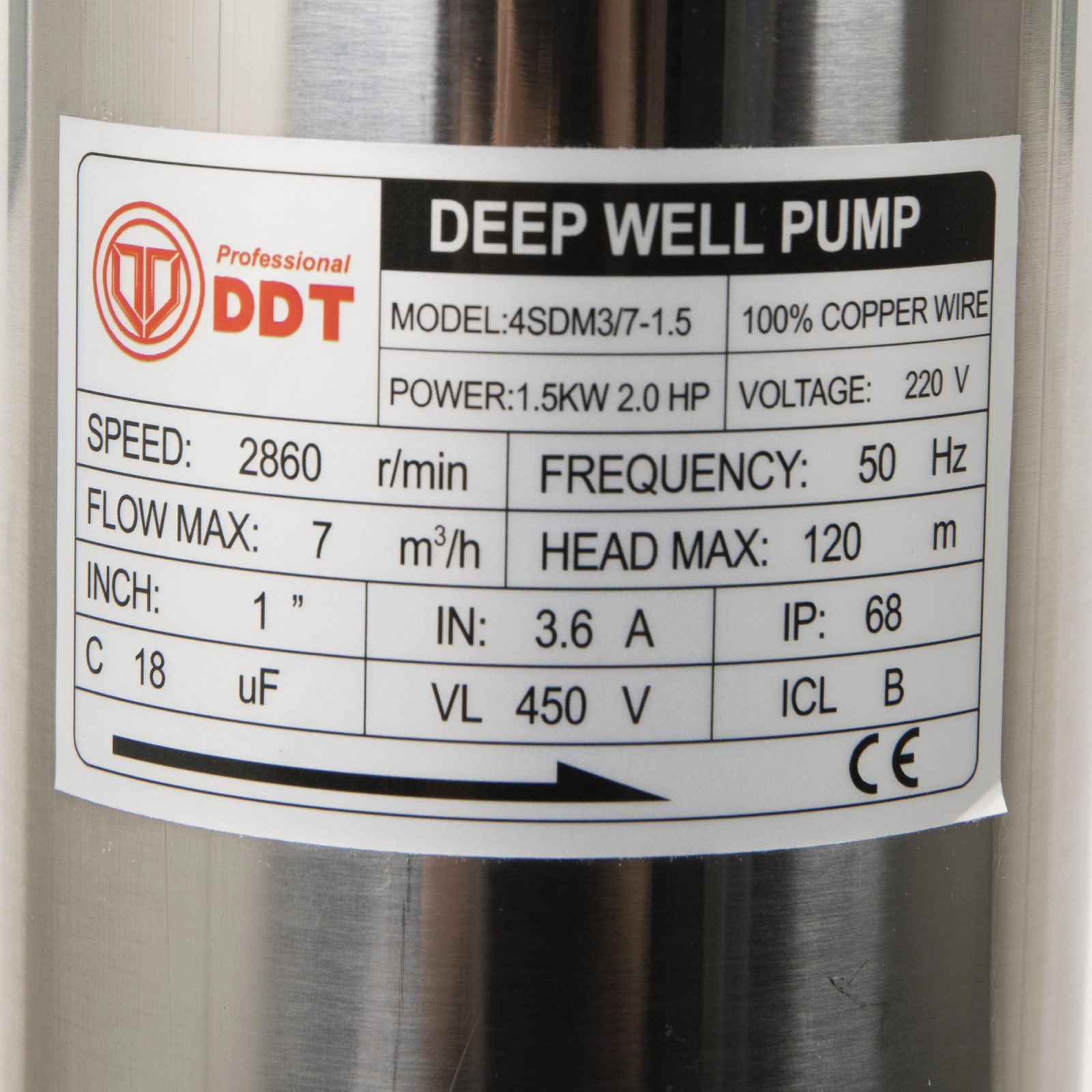 Pompa submersibila de mare adancime DDT 4SDM3-7, Inox, 1500W, 7 m³/h, 7 turbine, 120m, 30m cablu [1]