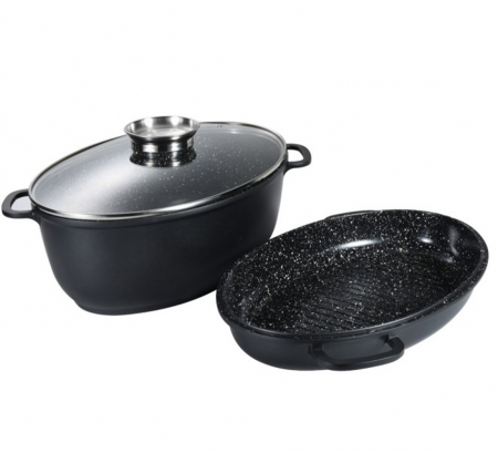 Vase pentru gatit - Set 3 piese roaster oval Goldmann, aluminiu turnat, 3 straturi anti-aderente, 3.4L/8.4L, capac sticla termorezistenta