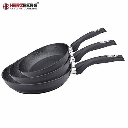 Set 3 tigai Herzberg HG-FP3BLACK, Diametru 20/24/28cm, Aluminiu, Acoperire marmura cu titan, Negru [1]