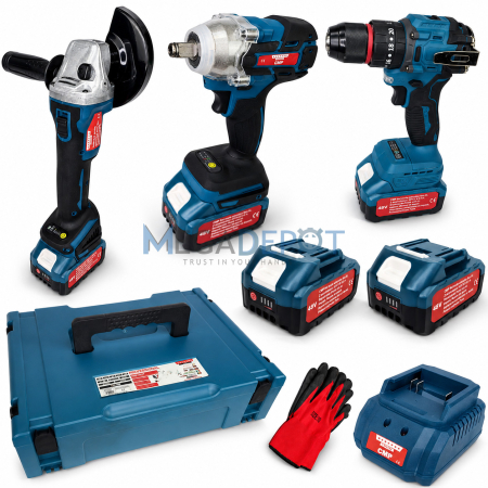 Redresoare, Compresoare, Pistoale Roti Auto - Set 3 in 1 Altai Campion PRO – Polizor Unghiular, Masina de Impact si Autofiletanta Brushless, 2 Acumulatori 48V / 6Ah, Incarcator, Cutie de Transport si Depozitare