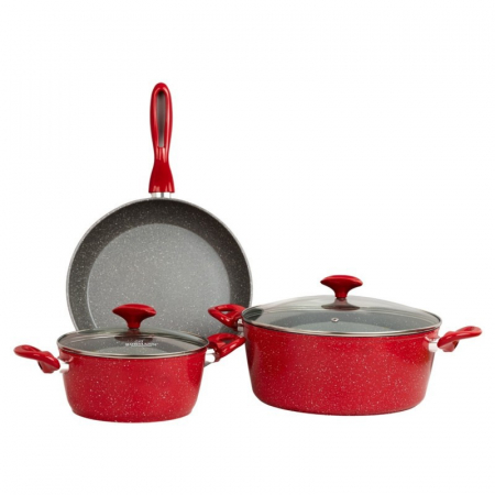 Vase pentru gatit - Set 5 piese Goldmann, aluminiu forjat, 20/28/28cm, marmorat interior-exterior, inclusiv inductie, rosu