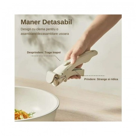 Set 5 piese Goldmann, Tigaie/Cratita/WOK/Capac + Maner detasabil, Aluminiu turnat marmorat anti-aderent, Bej [4]