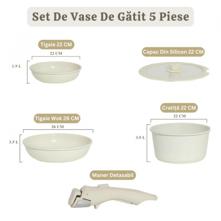 Set 5 piese Goldmann, Tigaie/Cratita/WOK/Capac + Maner detasabil, Aluminiu turnat marmorat anti-aderent, Bej [2]