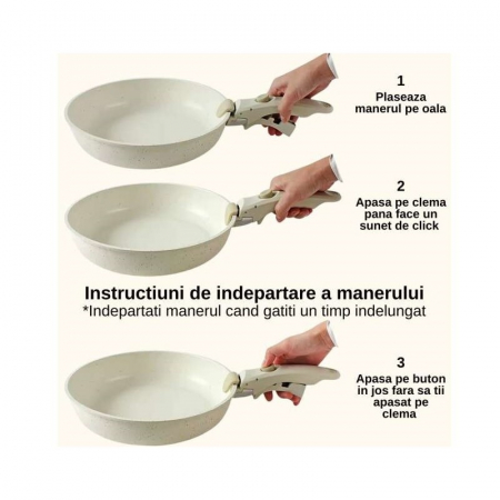 Set 5 piese Goldmann, Tigaie/Cratita/WOK/Capac + Maner detasabil, Aluminiu turnat marmorat anti-aderent, Bej [3]