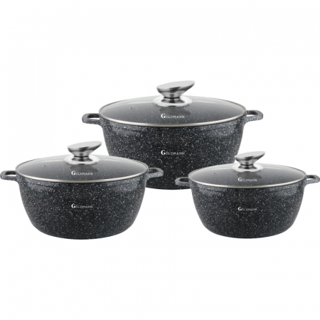 Vase pentru gatit - Set 6 piese Goldmann, 20/24/28cm, 2.3L/4.5L/6.5L, aluminiu, invelis anti-aderent interior/exterior, capace sticla termorezistenta