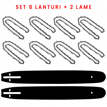 Motofierastraie - Set 8 Lanturi si 2 Lame universale pentru motofierastrau ( drujba ), 40 cm, 32 dinti, pas 0.325