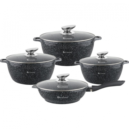 Vase pentru gatit - Set 8 piese Goldmann, 20/20/24/28cm, 2.3L/2.3L/4.5L/6.5L, aluminiu, invelis anti-aderent interior/exterior, capace sticla termorezistenta