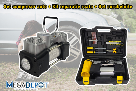 Set complet compresor auto 12V Mencoza Premium Lider 2 cilindri,150PSI, 70L/min, Kit reparatie pana, set de scule, accesorizat complet [5]