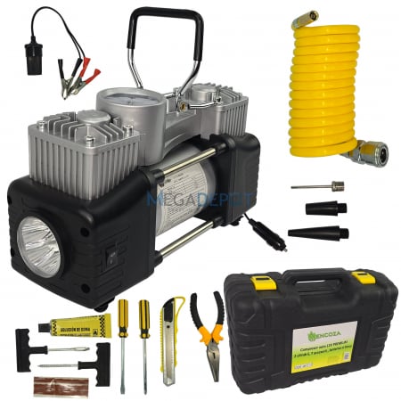 Scule si Unelte - Set complet compresor auto 12V Mencoza Premium Lider 2 cilindri,150PSI, 70L/min, Kit reparatie pana, set de scule, accesorizat complet