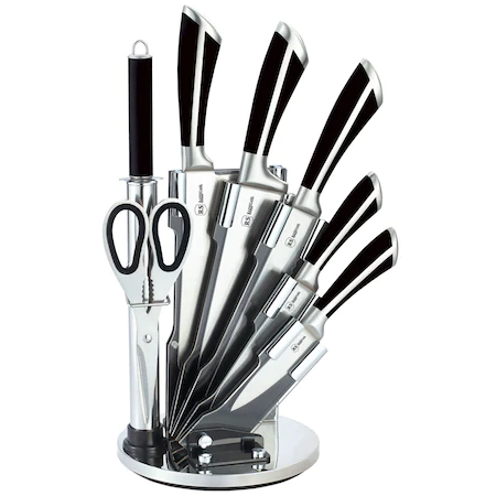 Ustensile pentru gatit - Set cutite 8 piese cu suport acrilic Bohmann BH8007-08, Negru/Argintiu