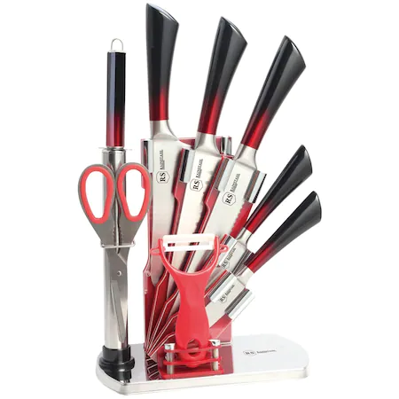 Ustensile pentru gatit - Set cutite 9 piese cu suport acrilic Bohmann BH8004-09, Rosu/Negru