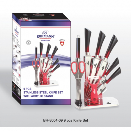 Set cutite 9 piese cu suport acrilic Bohmann BH8004-09, Rosu/Negru [1]
