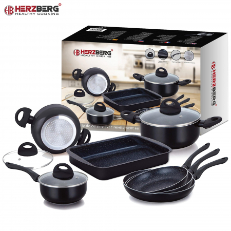 Set oale 10 piese Herzberg HG-9016BLACK, Aluminiu cu strat anti-aderent marmura, Negru [2]