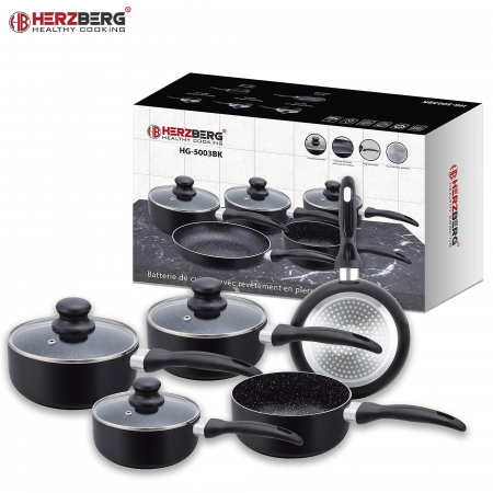 Set oale 8 piese Herzberg HG-5003BK, Diametru 14/16/18/20/24cm, Aluminiu, Acoperire marmura, Negru [1]