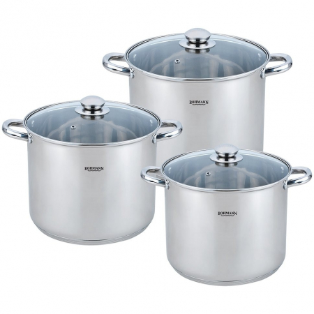Vase pentru gatit - Set oale inox, 6 piese, Bohmann BH-3436, Capacitate 5.8L, 7.4L, 9.1L