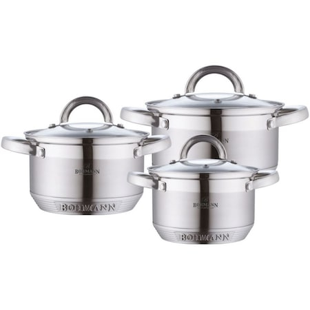 Vase pentru gatit - Set oale inox, 6 piese, Bohmann BH0714, Capacitate 2.1L,2.9L,3.9L