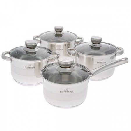 Vase pentru gatit - Set oale inox, 8 piese, Bohmann BH08-475, Capacitate 1.9L, 2.6L, 3.6L, 5.5L