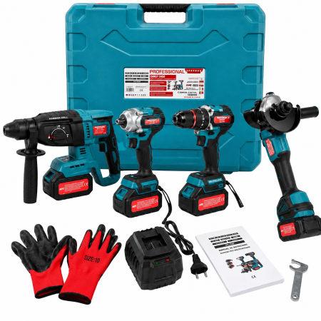Masini de gaurit si insurubat - Set scule electrice 4in1 ALTAI, Pistol de Impact, Ciocan Rotopercutor, Masina de Gaurit cu impact si Polizor Unghiular - Flex, Geanta de transport