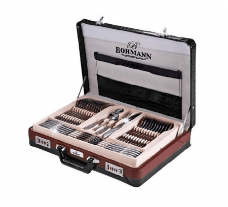 Ustensile pentru gatit - Set tacamuri 72 piese Bohmann, Model oglinda, inox, Diplomat negru/maro