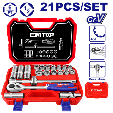 Scule si Unelte - Set tubulare cu clichet  1/2", 21 componente, cutie de transport - ESKT12211, EMTOP