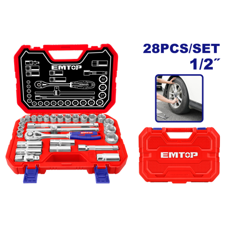 Scule si Unelte - Set tubulare cu clichet 1/2″ 28 buc, cutie de transport - ESKT12281, EMTOP