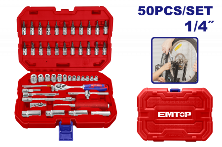 Scule si Unelte - Set tubulare cu clichet 1/4″, 50 componente, cutie de transport - ESKT14501, EMTOP