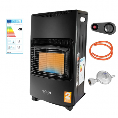 Climatizare - Soba pe gaz pliabila BOHM, 4.20kW, 3 trepte putere, suprafata incalzire 20-80m², regulator GPL + furtun GPL 1.5 m