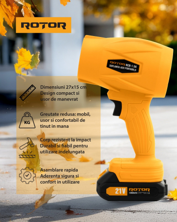 Suflanta de aer portabila, pe acumulator Rotor, 21V/1.3Ah, 315W, Acumulator si incarcator incluse [8]