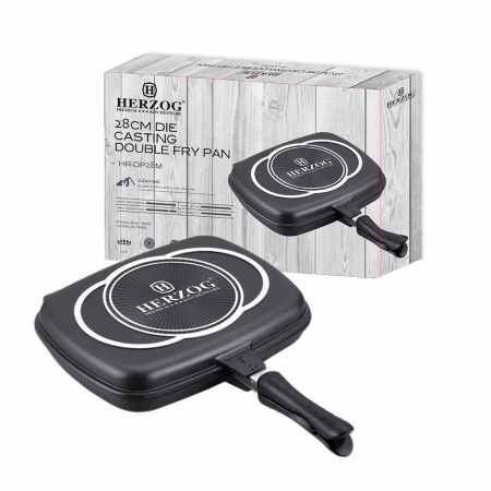 Tigaie grill dubla Herzog Preium HR-DP28M, 28cm, Aluminiu, Acoperire Marmura, Neagra [1]
