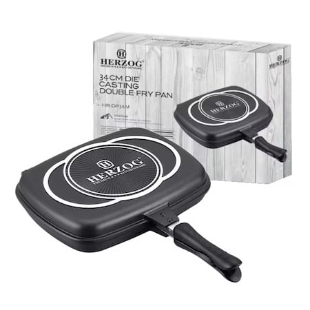 Tigaie grill dubla Herzog Preium HR-DP34M, 34cm, Aluminiu, Acoperire Marmura, Neagra [1]