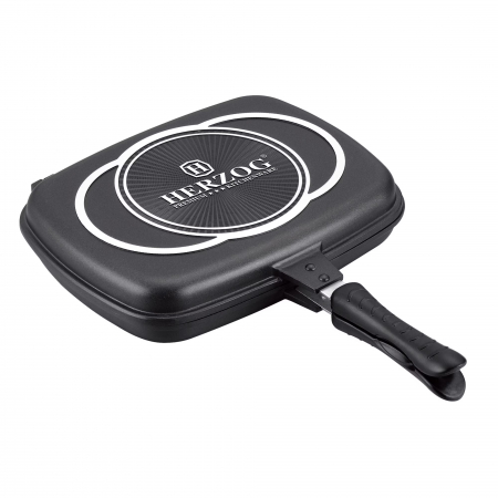 Tigaie grill dubla Herzog Preium HR-DP34M, 34cm, Aluminiu, Acoperire Marmura, Neagra [0]