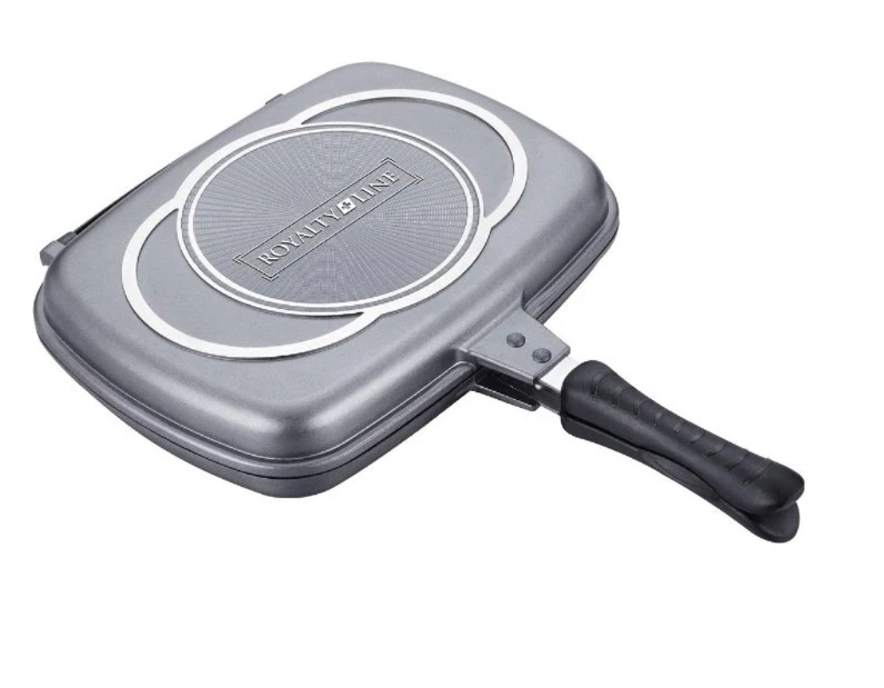 Tigaie grill dubla Royalty Line RL-DF34M, 34cm, Aluminiu, Acoperire Marmura, Silver [0]