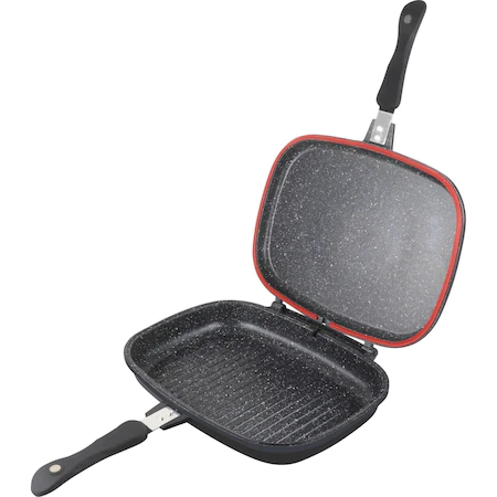 Tigaie grill dubla Royalty Line RL-DF34M, 34cm, Aluminiu, Acoperire Marmura, Silver [1]