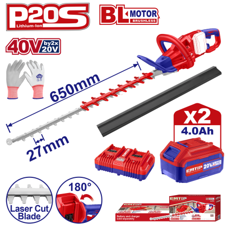 Motocoase & Masini de tuns iarba - Trimmer gard viu cu 2 acumulatori 4.0AH si incarcator dublu, lama 650, manusi protectie - ELHT400282, EMTOP