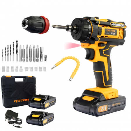 Masini de gaurit si insurubat - Trusa autofiletanta pe acumulator ROTOR, 21V/1.5Ah, 1350RPM, Brushless, biti inclusi