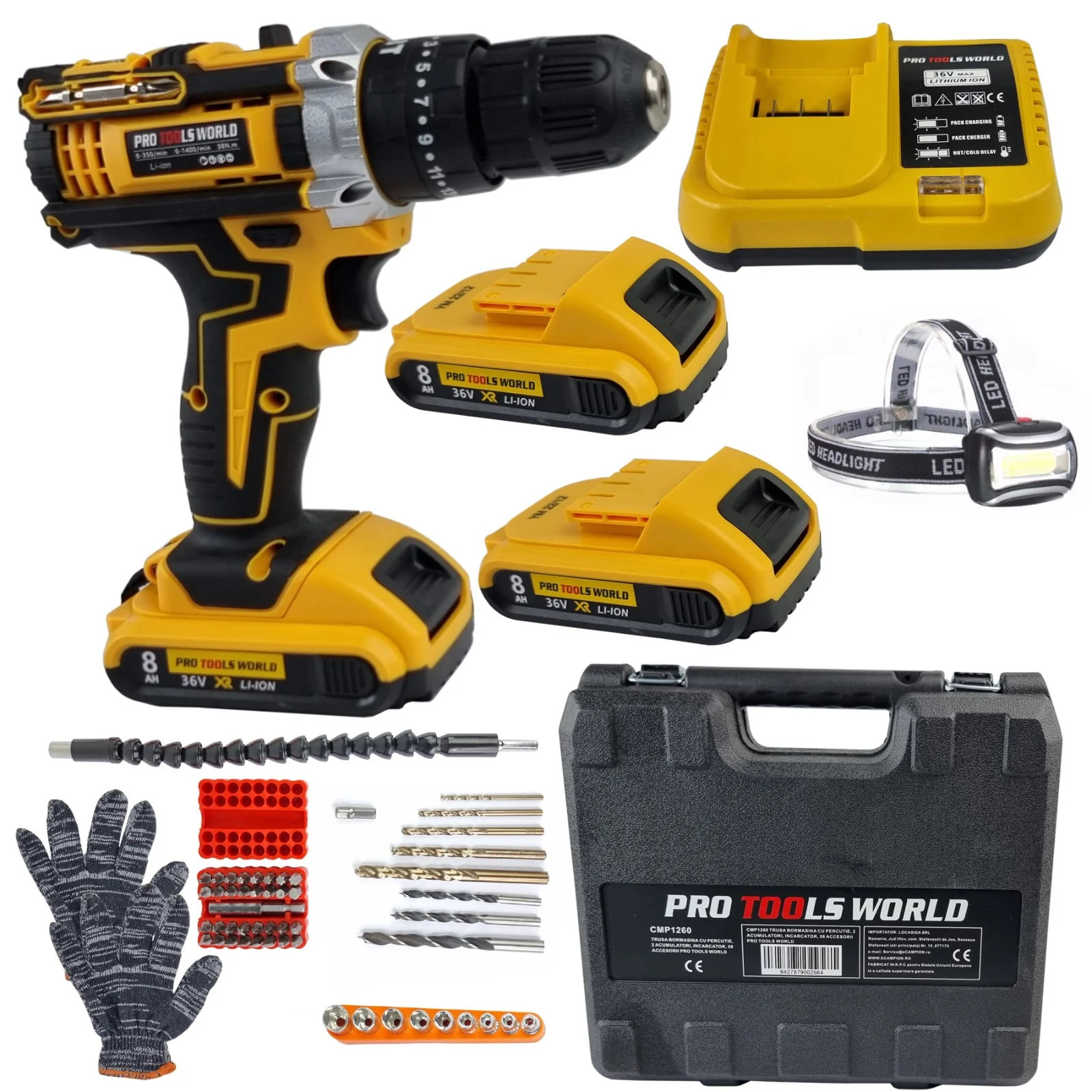 Trusa bormasina cu percutie ProTools World CMP1260, 2 Acumulatori 36V/8Ah, Incarcator, 58 Accesorii incluse [0]