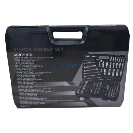 Trusa chei tubulare profesionala 216 piese, otel Crom-Vanadiu, 1/4” – 3/8” – 1/2”, cu clichet, biti si chei combinate, in valiza [1]