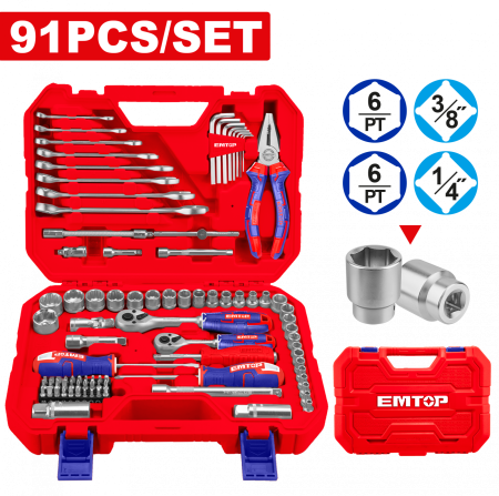 Scule si Unelte - Trusa de scule si accesorii, 91 componente, cutie transport - EHTS00911, EMTOP