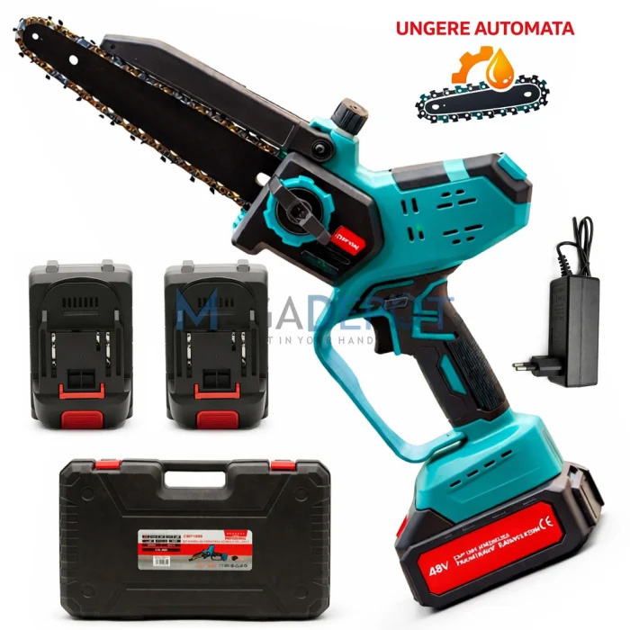 MegaDepot.ro Fierastrau de mana Motoyama Japan, 48V, 2 acumulatori, Sistem de ungere automata integrat, Lama 24cm, Geanta transport